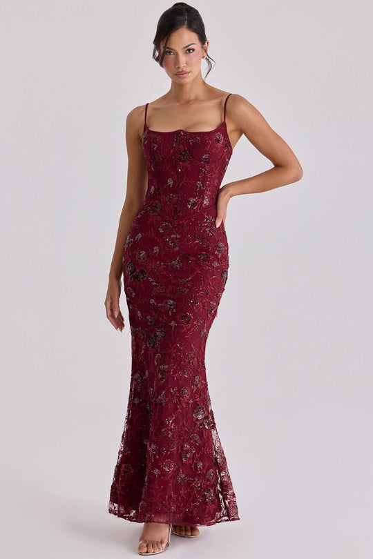 Damen nan besticktes Corsagenabendkleid mit transparenter Spitze und figurbetonter Silhouette R&B