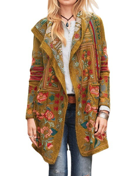 Damen kunstvoll bestickte Strickjacke mit Kapuze und Taschen R&B