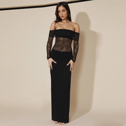 Damen schulterfreies Abendkleid mit Spitzenärmeln und langer Silhouette R&B