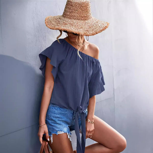 Damen luftiges Blusenshirt mit verspieltem Knoten und voluminösen Ärmeln R&B