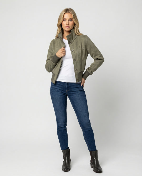 Damen Mode kaufen kurze Wildlederoptik Bomberjacke mit hohem Stehkragen und Rippbündchen R&B
