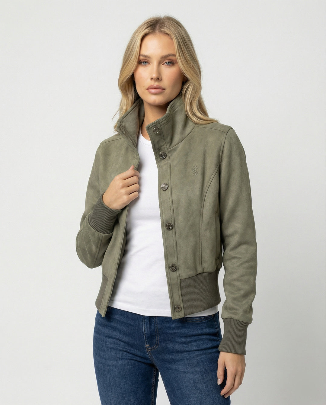 Damen Mode kaufen kurze Wildlederoptik Bomberjacke mit hohem Stehkragen und Rippbündchen R&B