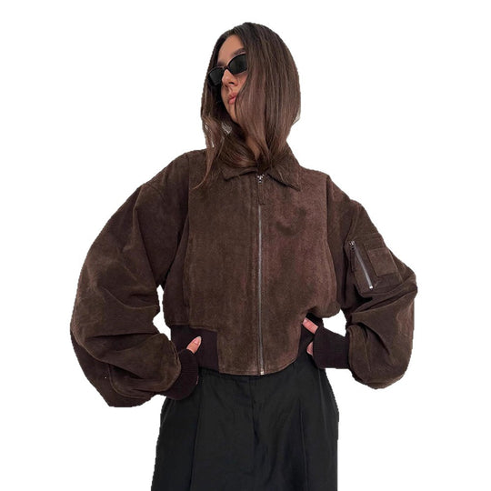 Damen Oversized Wildlederjacke mit gepolsterten Ärmeln R&B