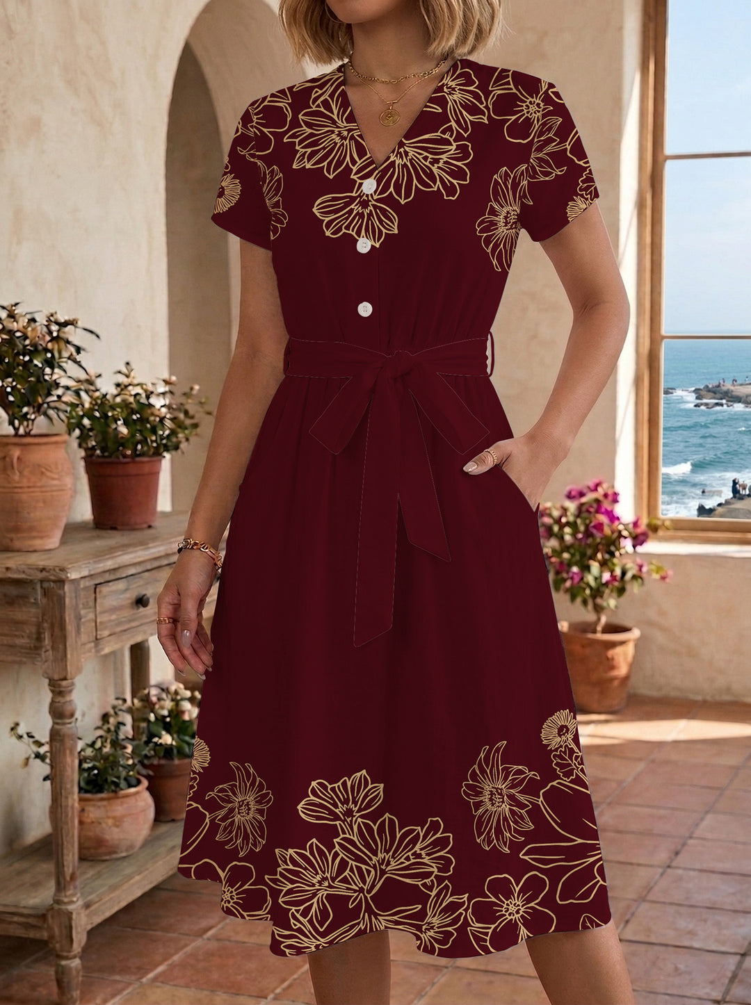 Damen Midi-Kleid mit floralem Design und bequemer Passform R&B