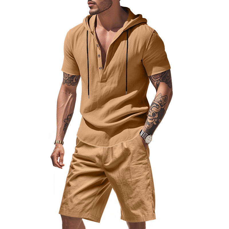 Herren lässiges Kurzarmhemd mit Kapuze und Shorts R&B