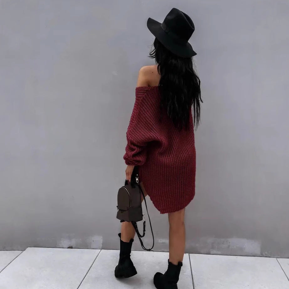 Damen lässiger Strickpullover mit tiefem V-Ausschnitt und ballonförmigen Ärmeln R&B