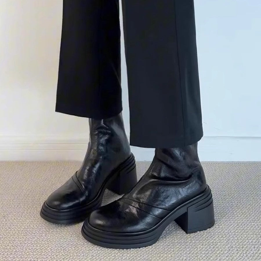 Damen Modische Stiefel mit Blockabsatz und glänzender Lederoberfläche R&B