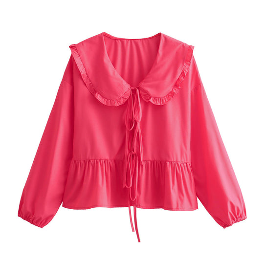 Damen trendiges Blusenshirt mit Rüschenkragen und Kordelzug R&B