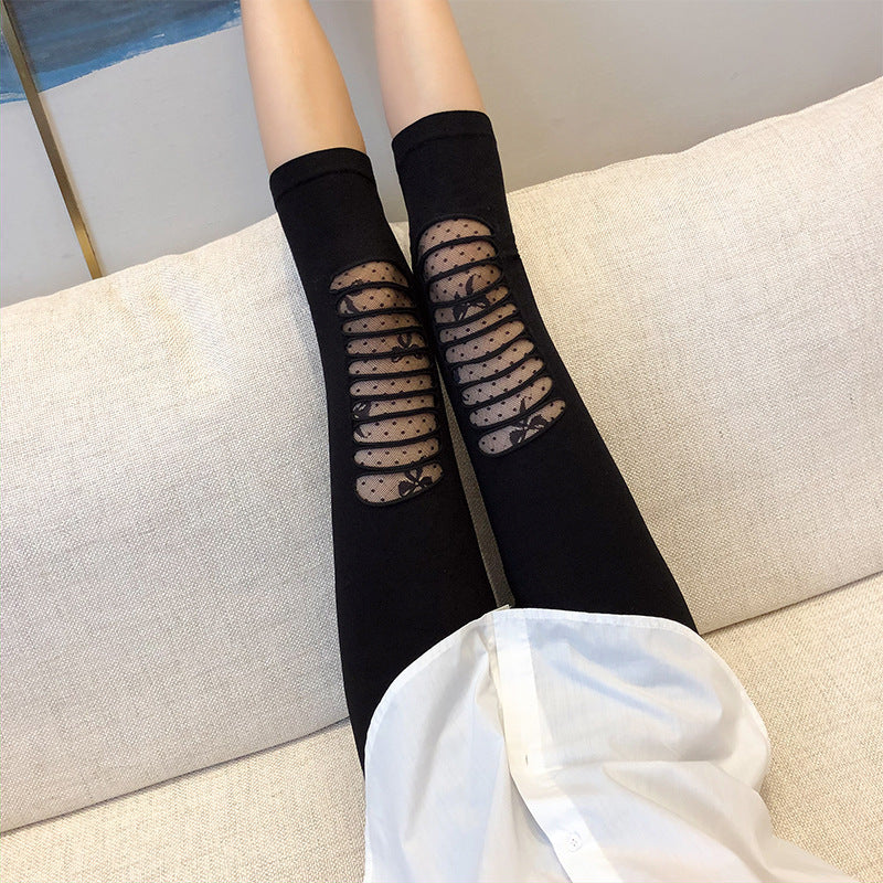 Damen Modische Leggings mit transparenten Netzdetails und Schleifen