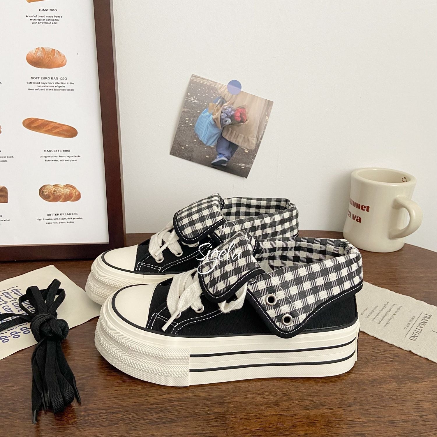 Damen Plateau Sneakers mit modischem Karomuster und elastischen Schnürsenkeln