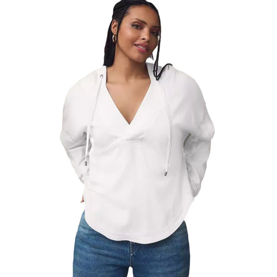 Damen Lässiger Kapuzenpulli mit V-Ausschnitt und bequemen Ärmeln R&B