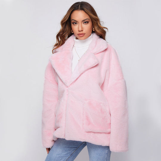 Damen Flauschige und stylische Freizeitjacke mit tiefem Reverskragen R&B