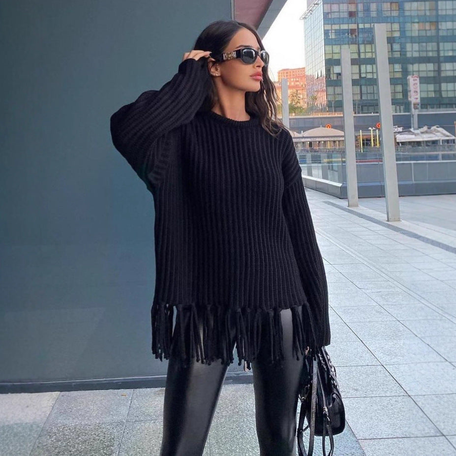 Damen lässiger Strickpullover mit Fransen und weichfallendem Material R&B