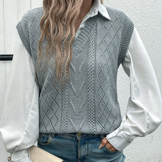 Damen eleganter Strickpullover mit V-Ausschnitt und modischem Rautenmuster R&B