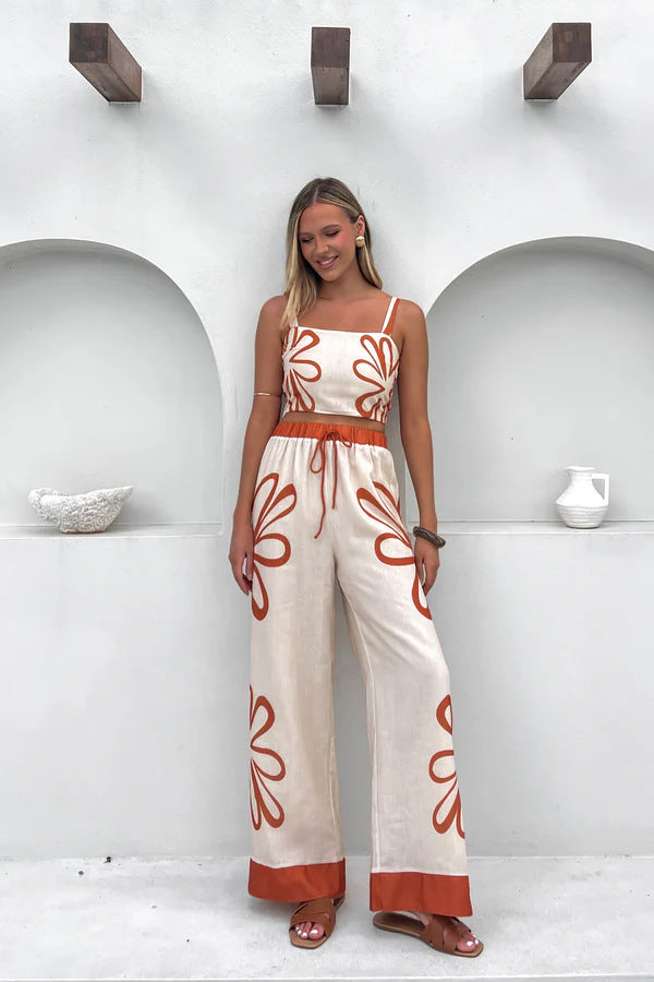 Damen Freizeitoberteil und weit geschnittene Hose mit floralem Muster R&B