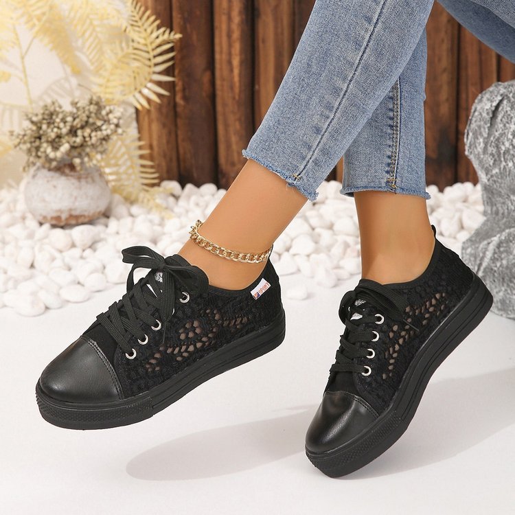 Damen luftige Sneaker mit floraler Häkeloptik und bequemem Plateau R&B