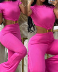 Damen cropped Oberteil mit hochtaillierter Hose im Ripp-Design R&B