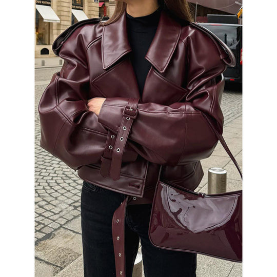 Damen modische Kunstlederjacke mit voluminösen Ärmeln R&B