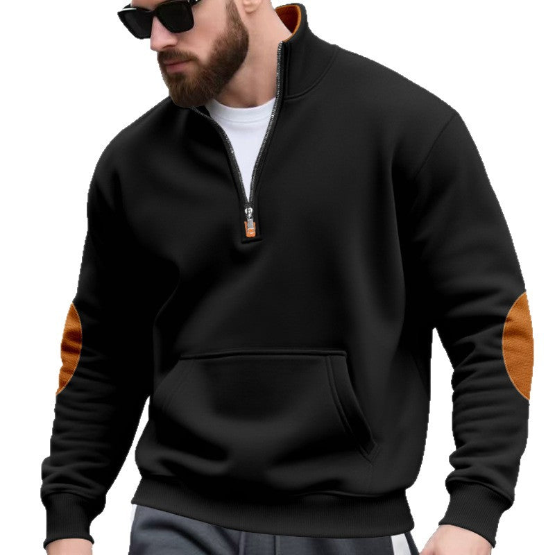 Herren nan Halbzip-Sweatshirt mit Stehkragen, Kängurutasche und kontrastierenden Ellbogenpatches R&B