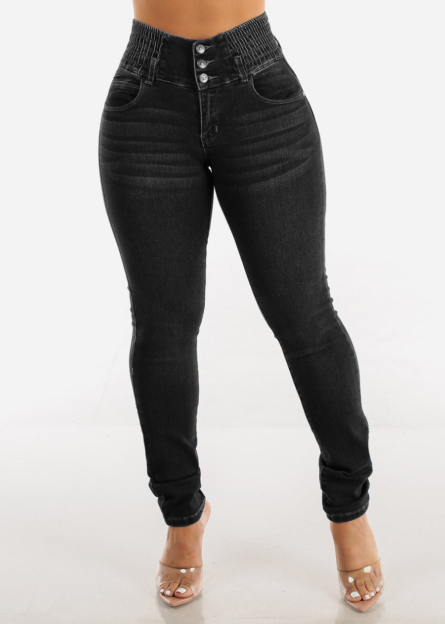 Damen High-Waist Skinny Jeans mit elastischem Bund R&B