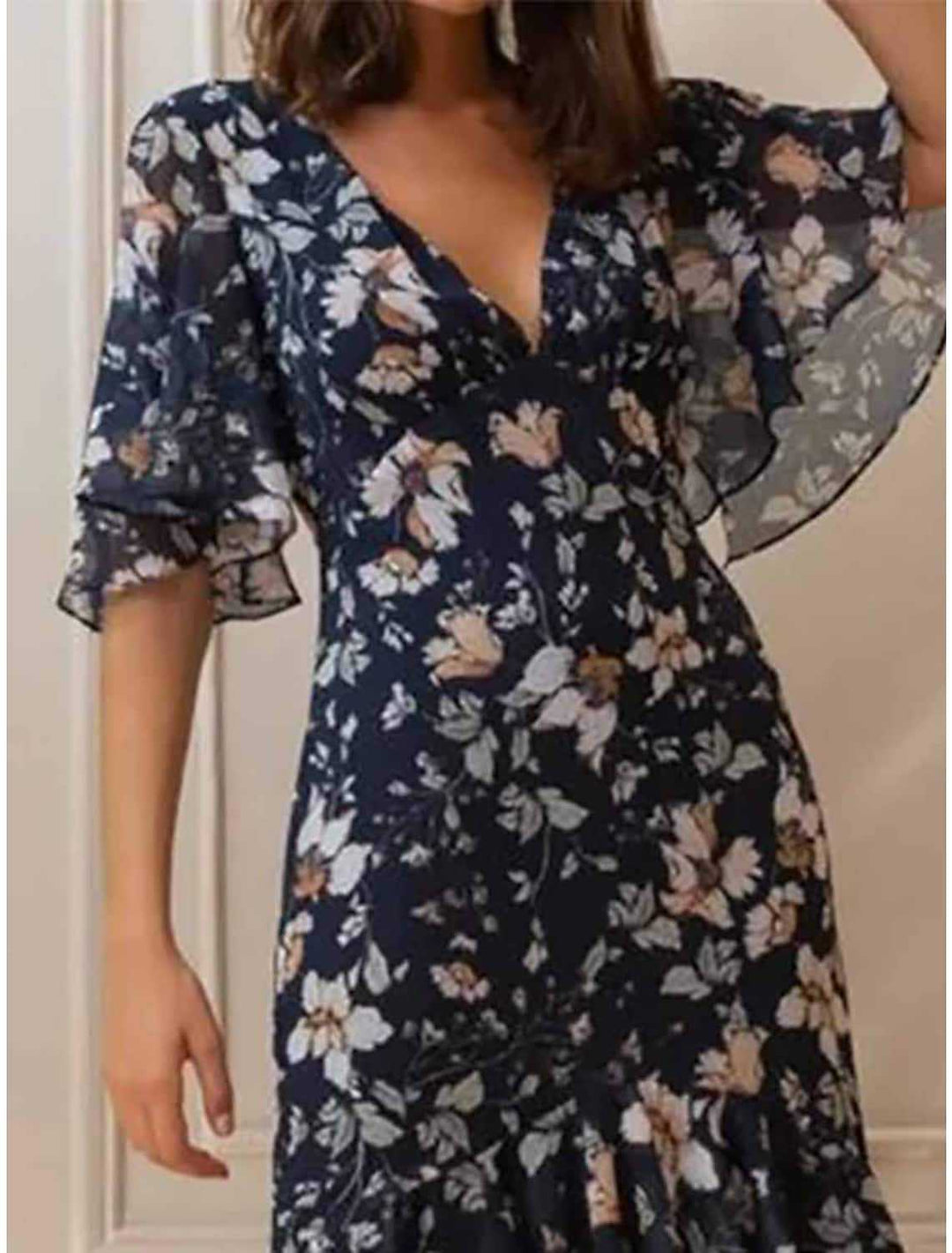 Damen Maxikleid mit voluminösen Ärmeln und floralem Design R&B