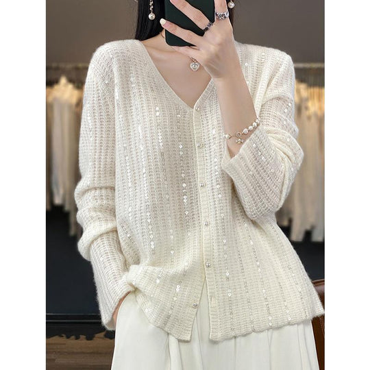 Damen Knopfverschluss Pailletten Cardigan Pullover R&B