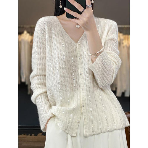 Damen Knopfverschluss Pailletten Cardigan Pullover R&B