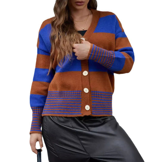 Damen Langarm-Strickjacke mit modernen Streifen und Knopfdetails R&B