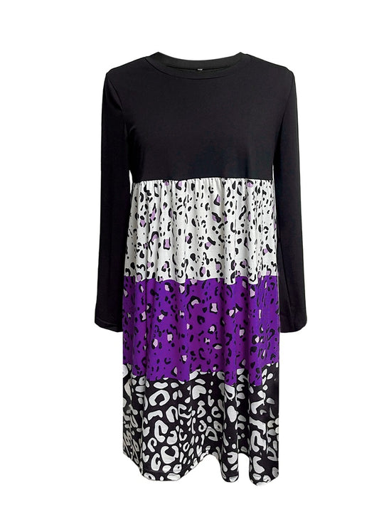 Damen nan langärmliges Stufenkleid mit geraffter Empire-Taille und gemischtem Animal-Print R&B