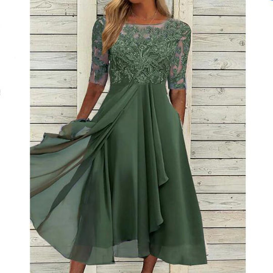 Damen elegantes Cocktailkleid mit floralem Spitzenoberteil und fließendem Rock Heidi-Mode