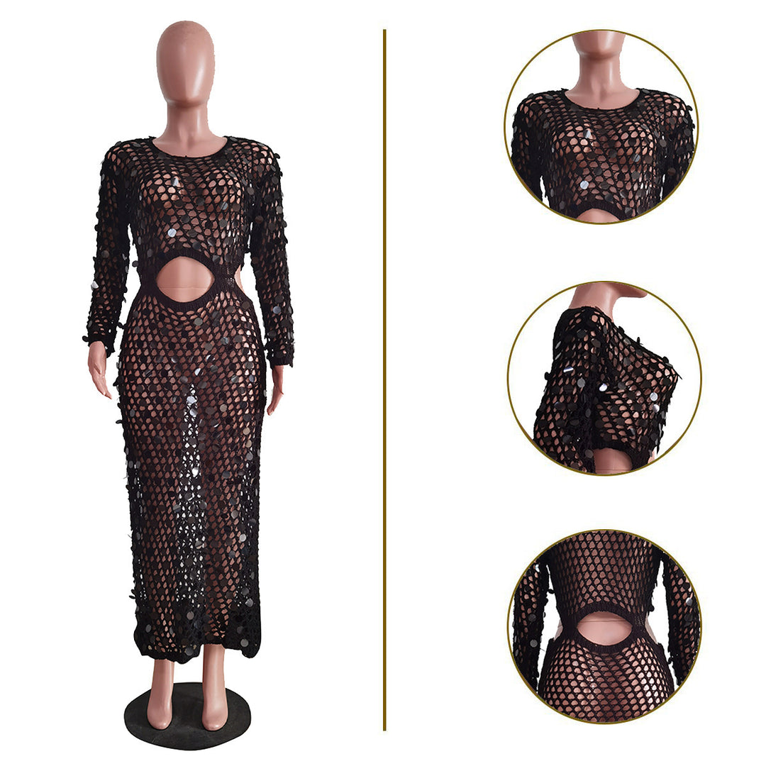 Damen Maxi-Kleid aus transparentem Häkelmaterial mit Cut-Out-Details R&B