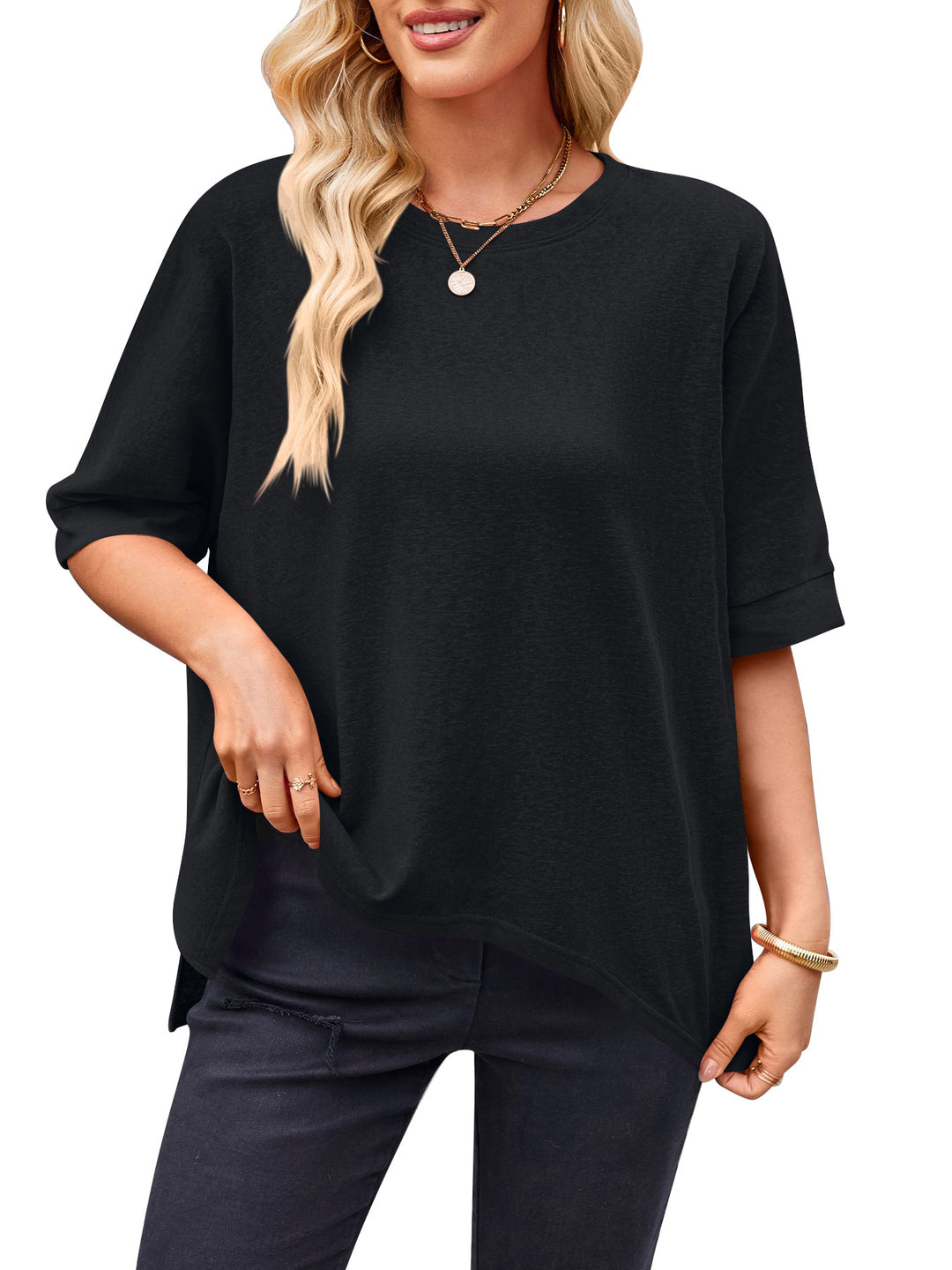 Damen lässiges Oversized T-Shirt mit seitlichen Schlitzen und umgeschlagenen Ärmeln R&B