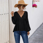 Damen lässige Bluse mit V-Ausschnitt und langen Puffärmeln R&B