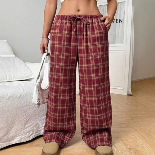 Damen Weite Karo Freizeithose mit elastischem Bund und Kordelzug R&B