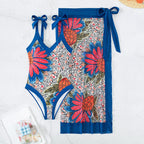 Damen Eleganter One-Piece Badeanzug mit floralem Wickeltuch R&B
