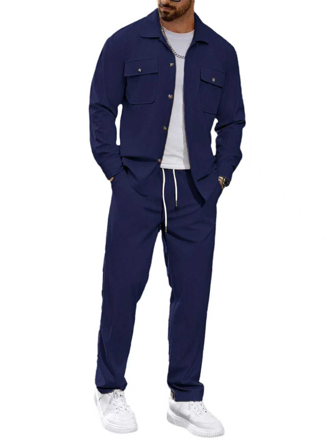 Herren nan lässiger Zweiteiler Hemdjacke mit aufgesetzten Brusttaschen und Kordelzughose R&B