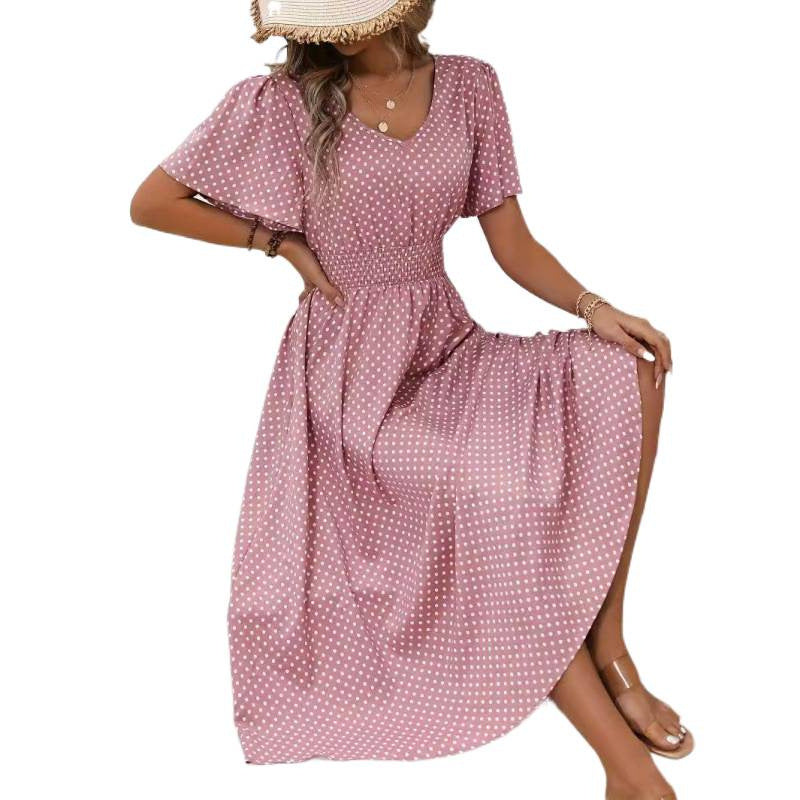 Damen Maxikleid im verspielten Punktdesign mit voluminösen Ärmeln und tiefem V-Ausschnitt R&B