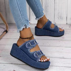 Damen bequeme Plattformsandalen aus Denim mit doppeltem Riemen R&B