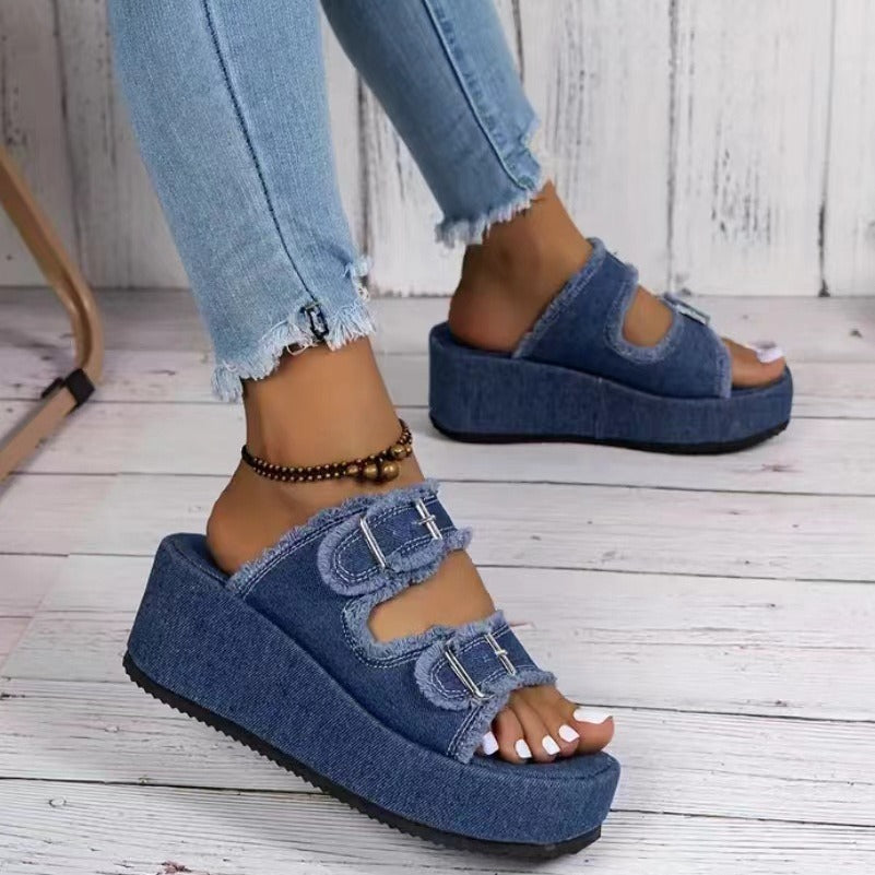 Damen bequeme Plattformsandalen aus Denim mit doppeltem Riemen R&B