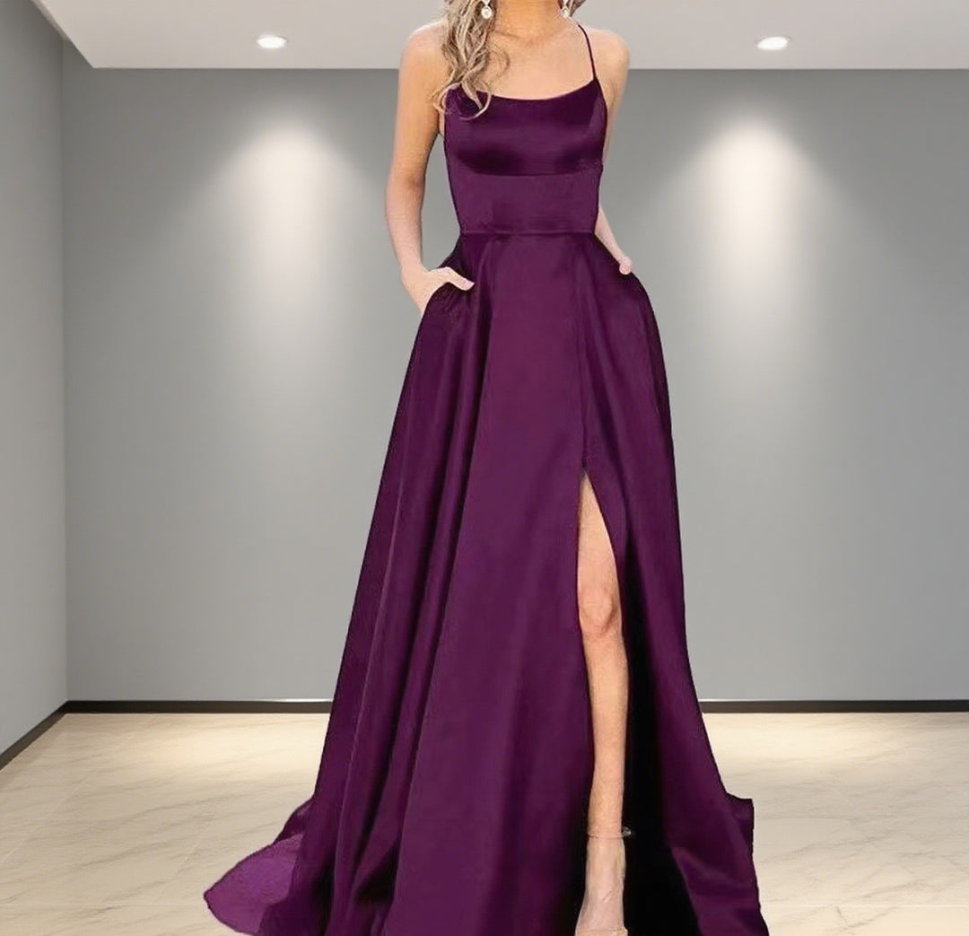 Damen Elegantes Abendkleid mit seitlichem Schlitz und schmalen Spaghetti-Trägern R&B