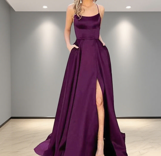 Damen Elegantes Abendkleid mit seitlichem Schlitz und schmalen Spaghetti-Trägern R&B