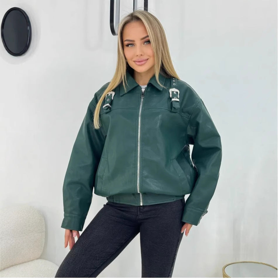 Damen modische Kunstlederjacke im lässigen Stil mit dekorativen Details R&B