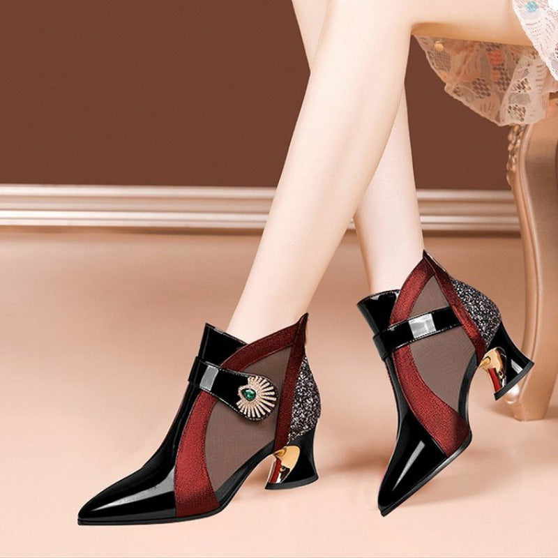 Damen nan elegante Netzstoff-Stiefelette mit Schmuckbesatz und geschwungenem Absatz R&B
