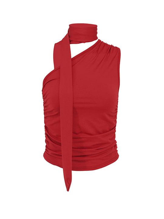 Damen asymmetrisches Top mit bindbaren Schlaufen und Raffung R&B