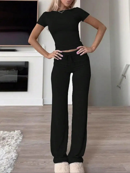 Damen lässiges Lounge-Set mit figurbetontem Oberteil und bequemer Hose R&B