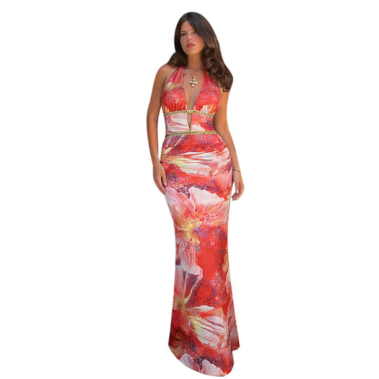 Damen Maxikleid mit floralem Design und tiefem V-Ausschnitt R&B
