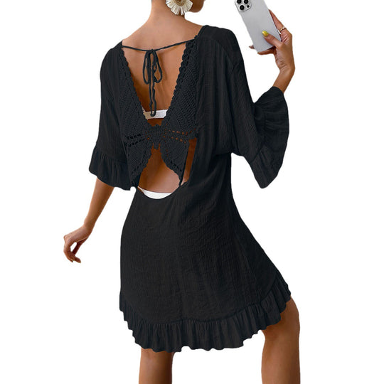 Damen lässiges Strandkleid mit V-Ausschnitt und Rüschensäumen R&B