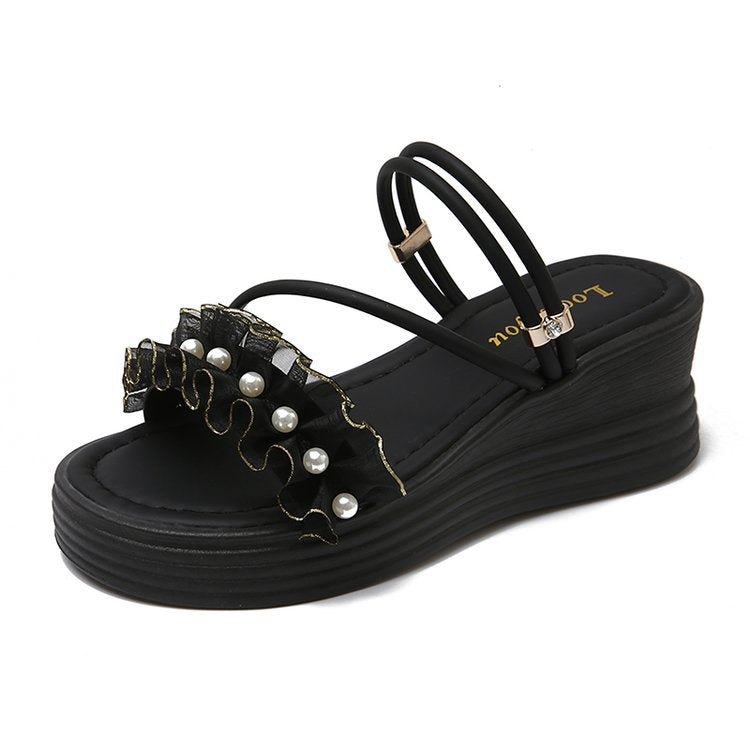 Damen Wedge-Sandalen mit Rüschen und Perlenverzierung R&B