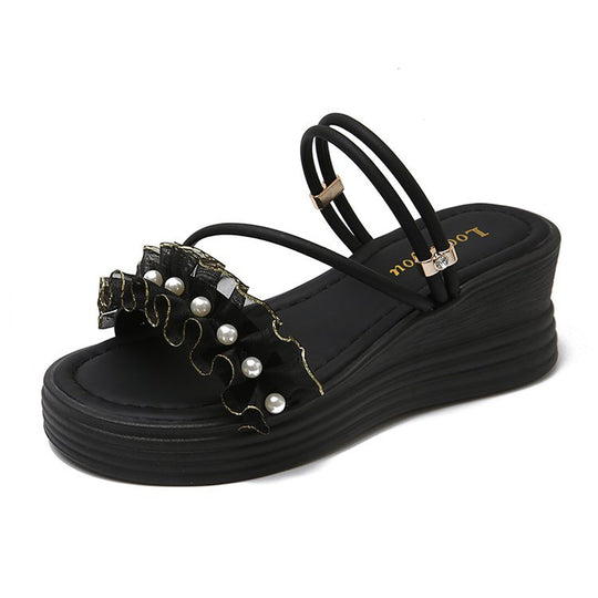 Damen Wedge-Sandalen mit Rüschen und Perlenverzierung R&B