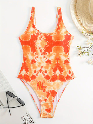 Damen Einteiliger sportlicher Badeanzug mit modischem Tie-Dye-Design R&B